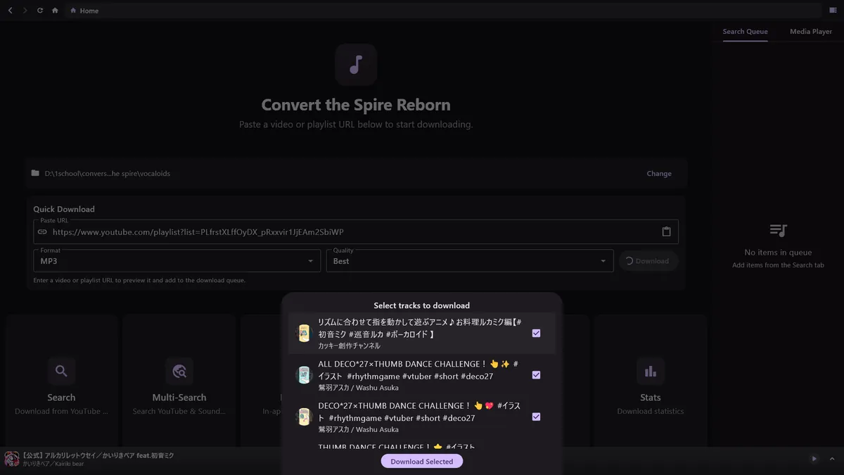 Playlist manager with selected tracks ready for download
