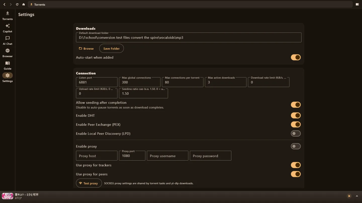 Full settings on the torrent screen